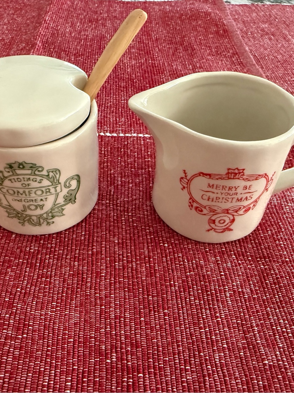 Holiday Ceramic Creamer and Sugar Jar Set in Cream with Red and Green Accents
